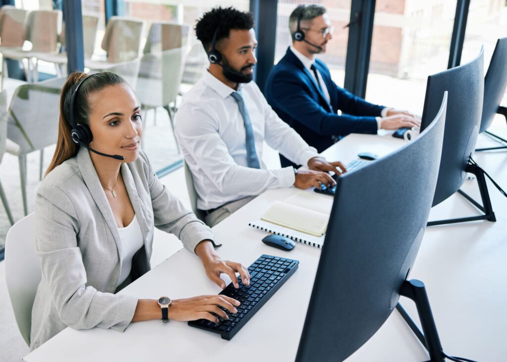 Diversity, call center and customer support team or people with telemarketing, contact us and consu.